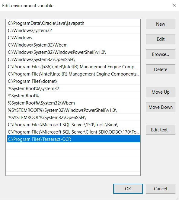 Install Tesseract, Figure 12: Edit Environment Variable